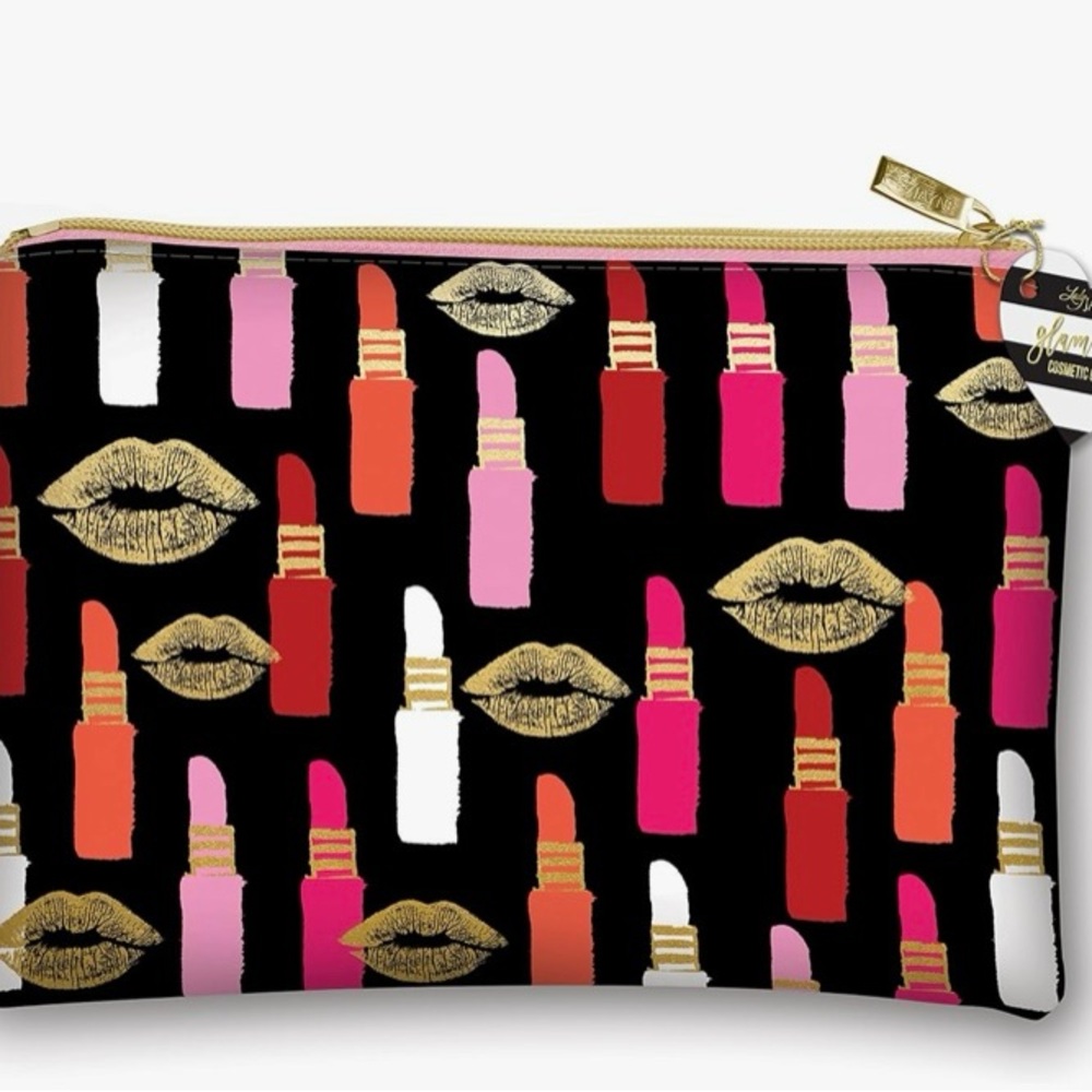 Lady Jayne Glam Bag Cosmetic Case Stylish Black and Gold Lipstick 💄 Print NWOT